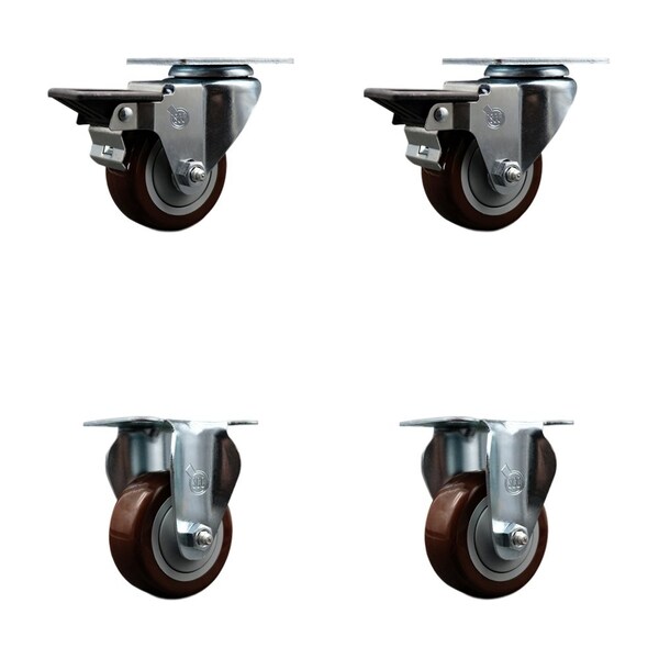 3'' Maroon Poly Wheel Swivel Top Plate Caster Set with 2 Posi Brakes 2 Rigid, 4PK